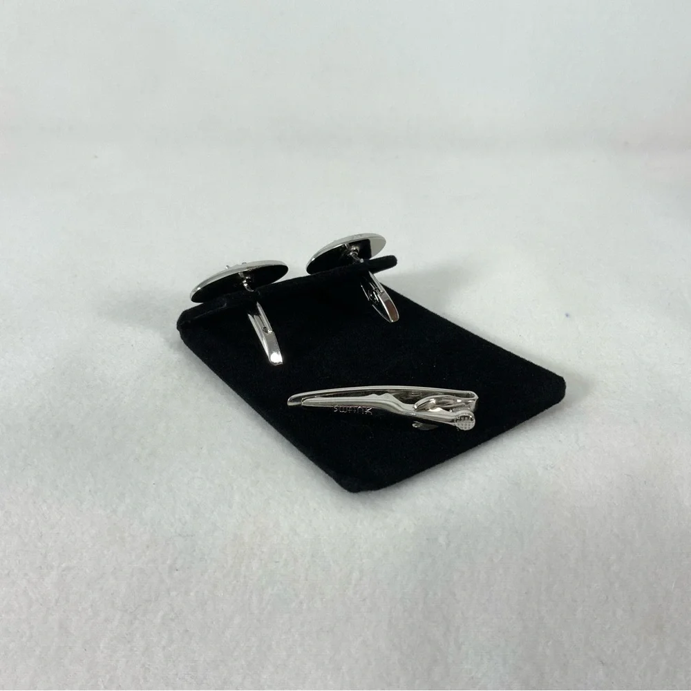 SWANK Silver Cufflinks with Gray Quartz Stone Matching Tie Clip Set